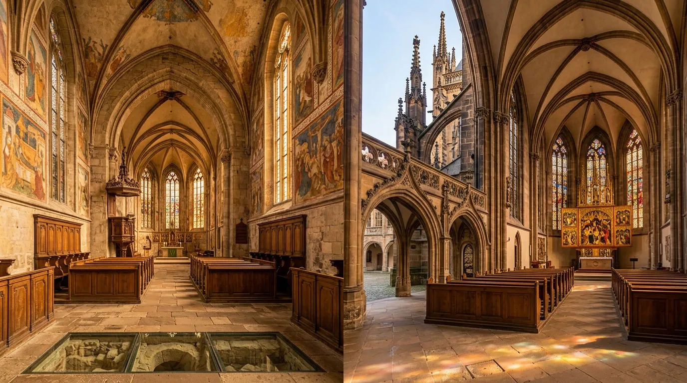 Int&eacute;rieur de cath&eacute;drale gothique avec vo&ucirc;tes en ogives et vitraux