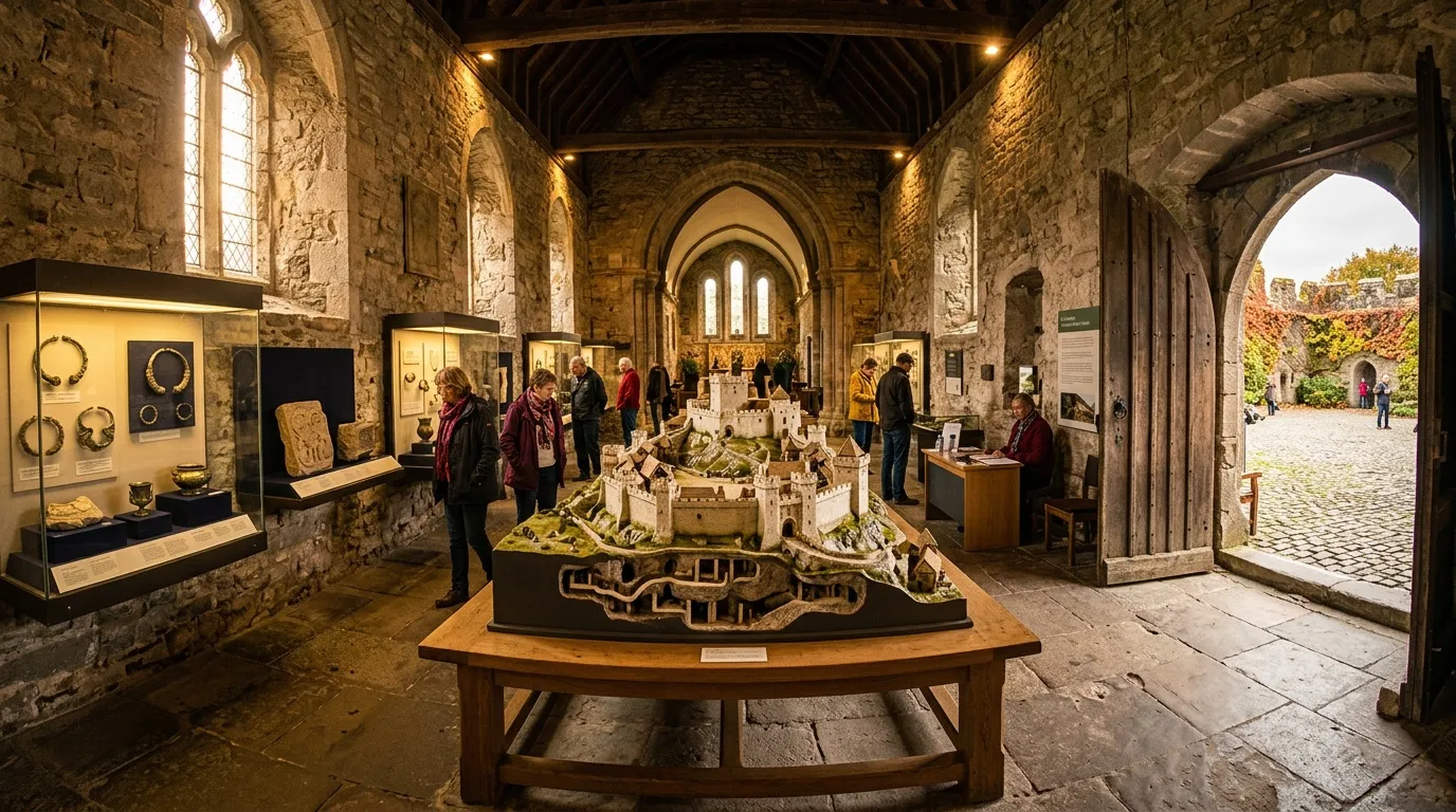 Int&eacute;rieur d'&eacute;glise convertie en mus&eacute;e avec maquette de ch&acirc;teau m&eacute;di&eacute;val