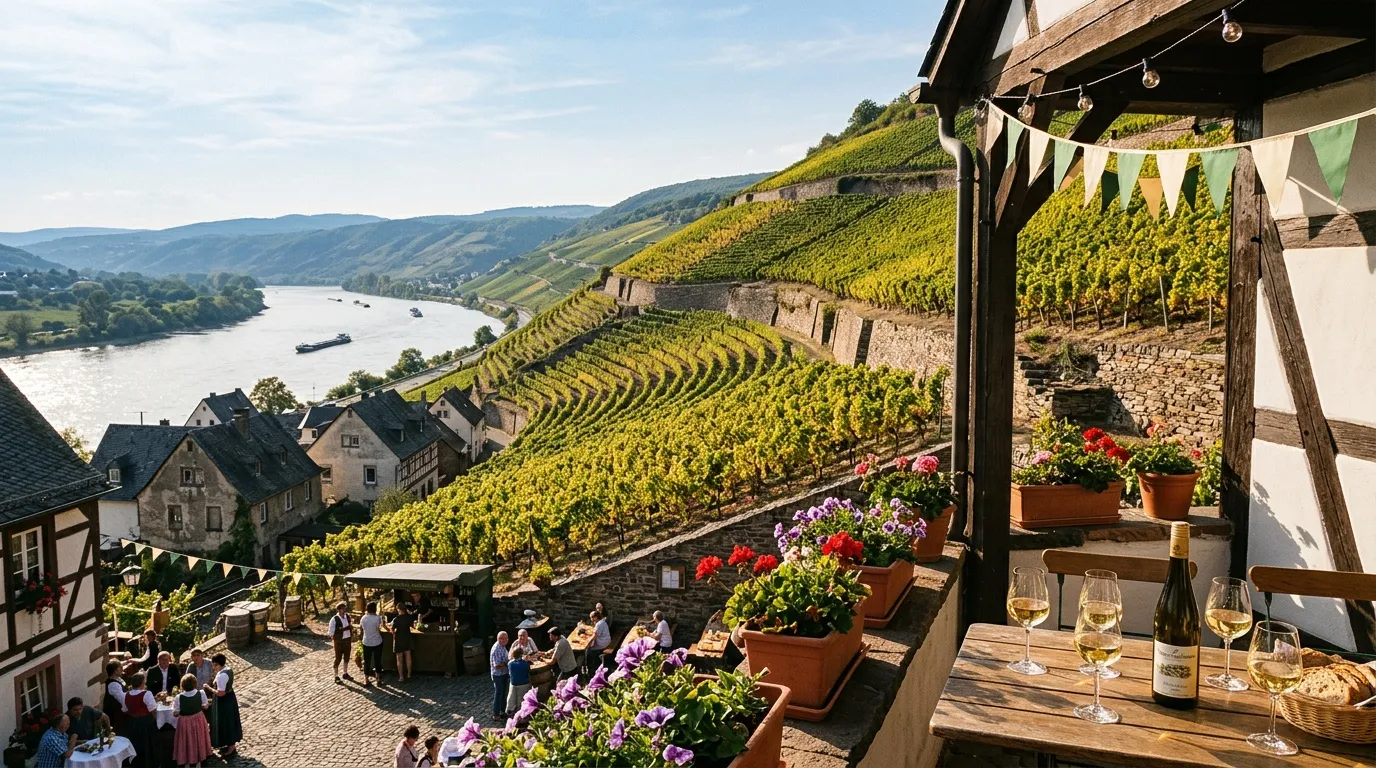 Terrasses viticoles surplombant le fleuve Rhin avec village pittoresque