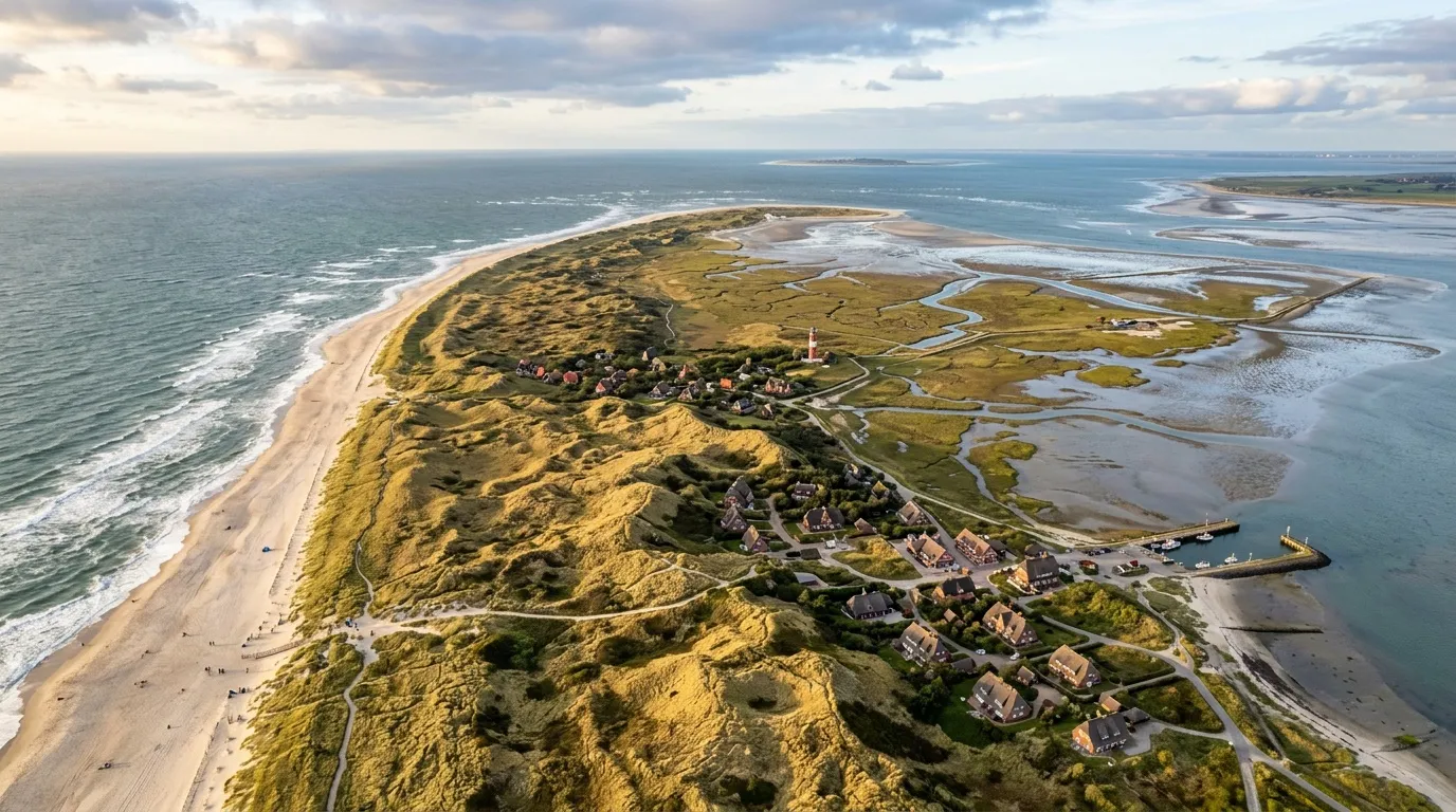 Vue aérienne d'une île avec plage, dunes et village côtier