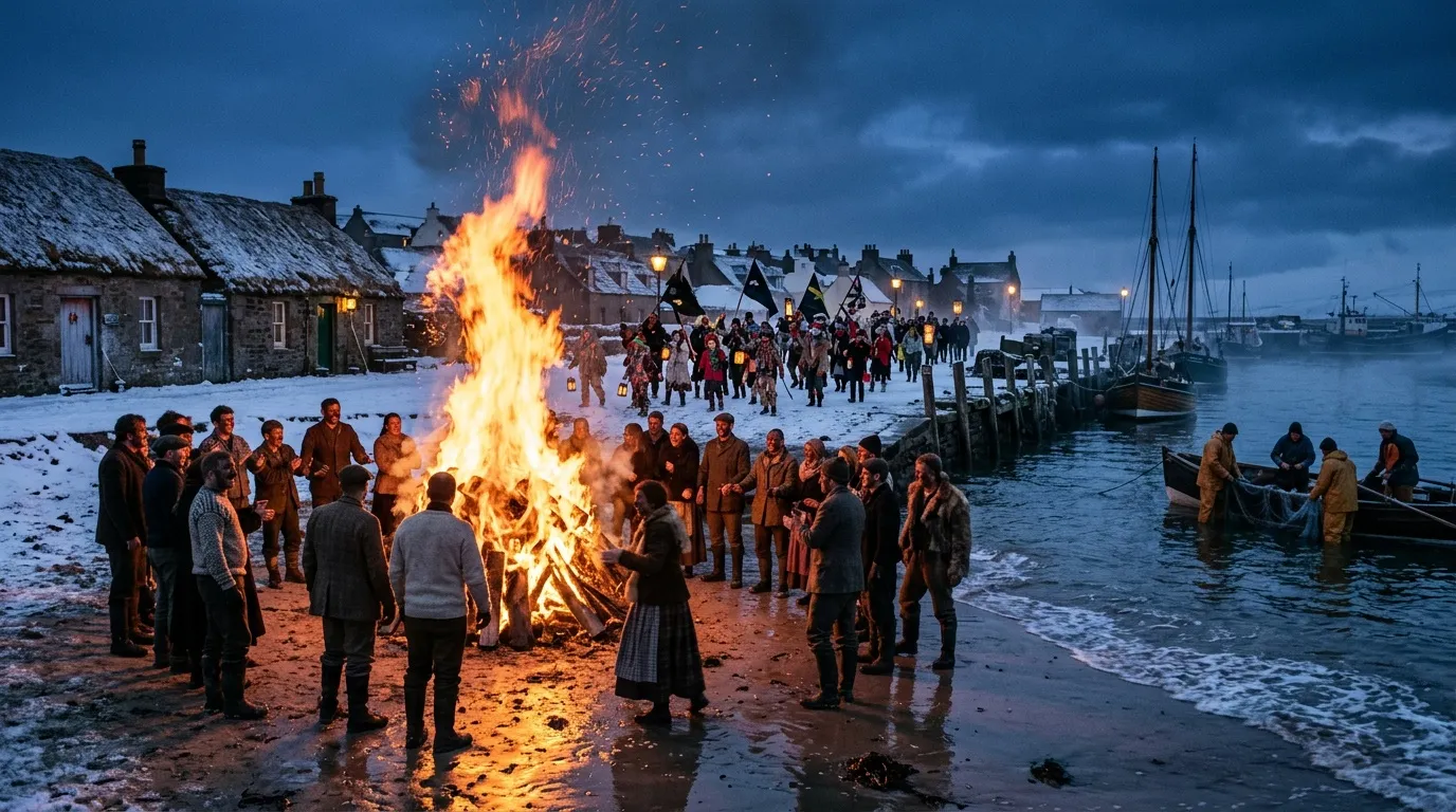 Foule rassemblée autour d'un grand feu sur une plage enneigée