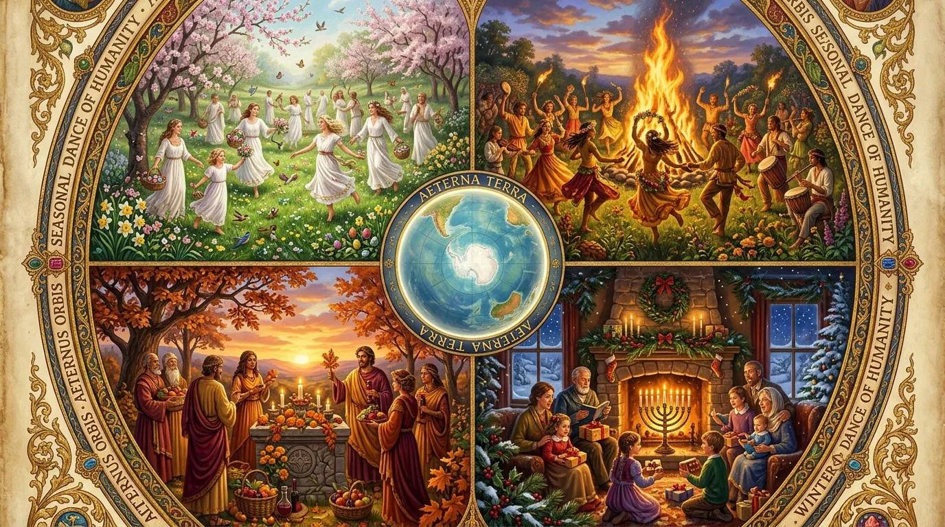 Illustration des quatre saisons avec célébrations religieuses et familiales autour du globe.