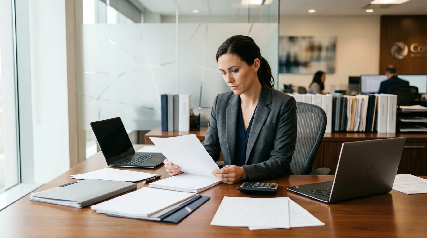 Femme en costume gris examinant des documents à son bureau