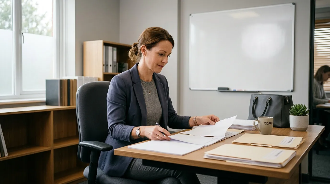 Femme en blazer bleu consultant des documents &agrave; son bureau