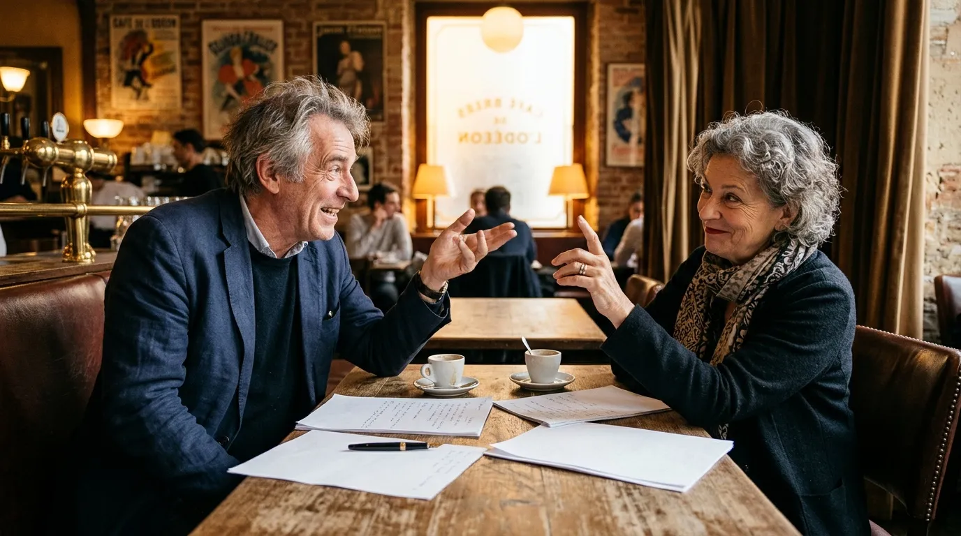 Deux personnes discutent autour d'une table avec documents