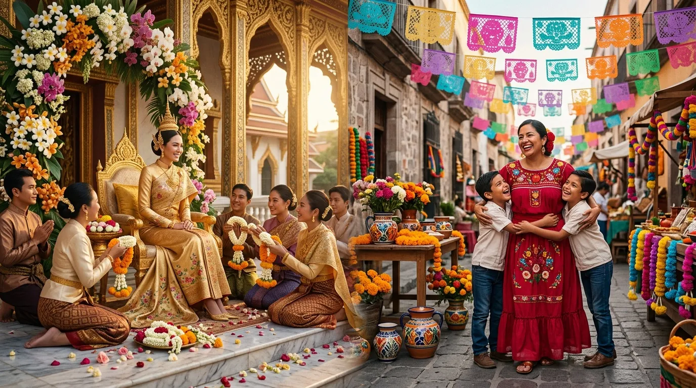 Femmes et enfants c&eacute;l&egrave;brent festival&agrave; d&eacute;coration florale color&eacute;e