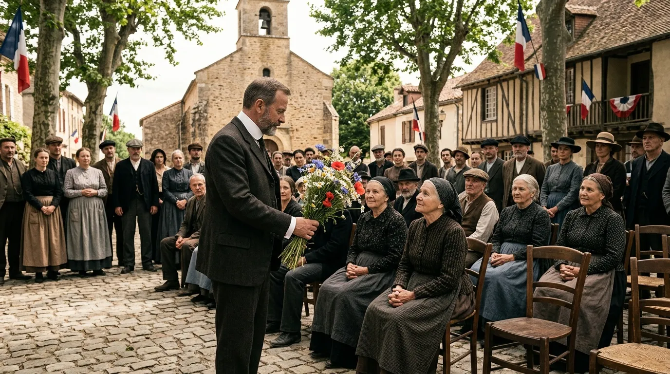 Homme en costume offrant fleurs &agrave; femmes assises devant &eacute;glise