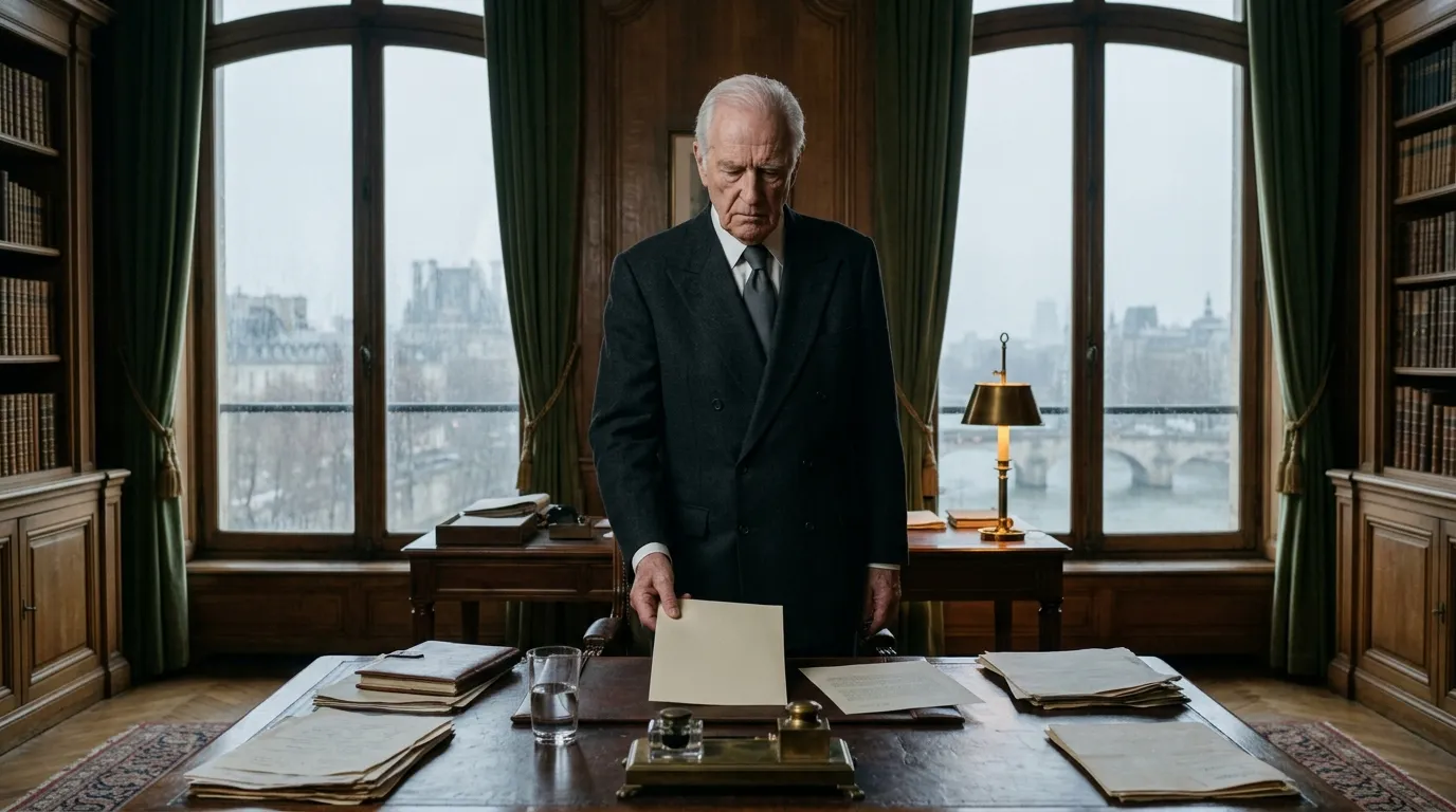 Homme âgé en costume noir dans un bureau élégant surplombant Paris