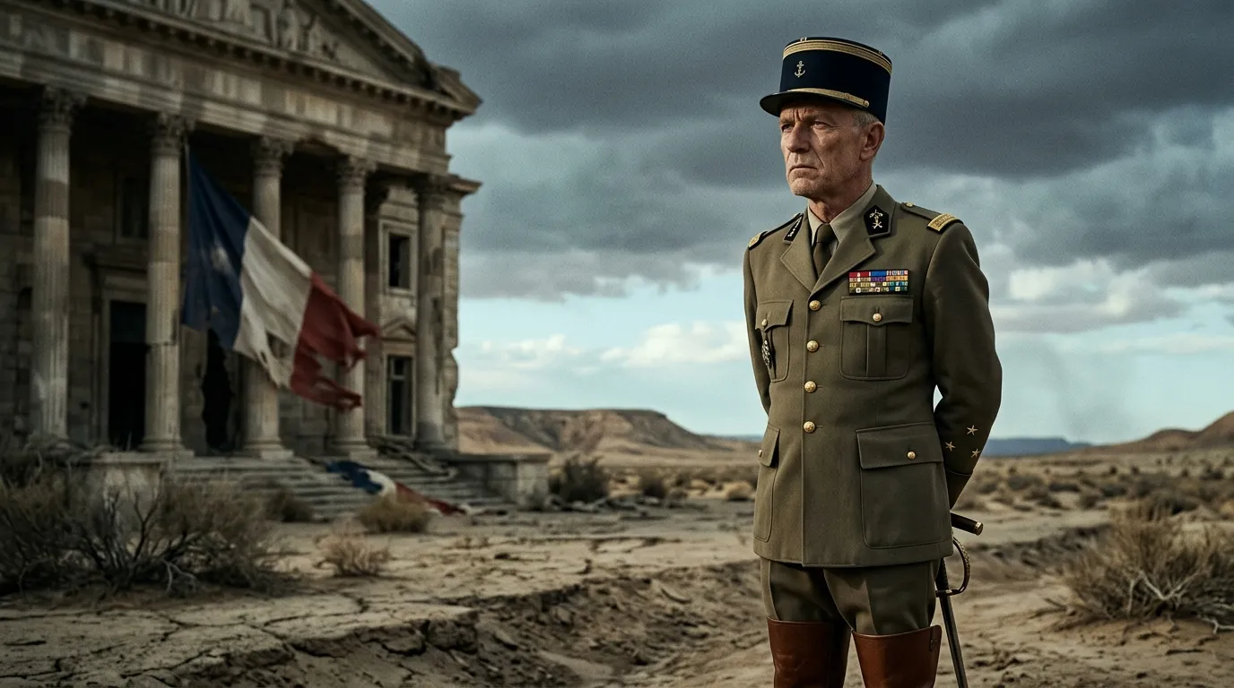 Officier militaire en uniforme devant ruines coloniales