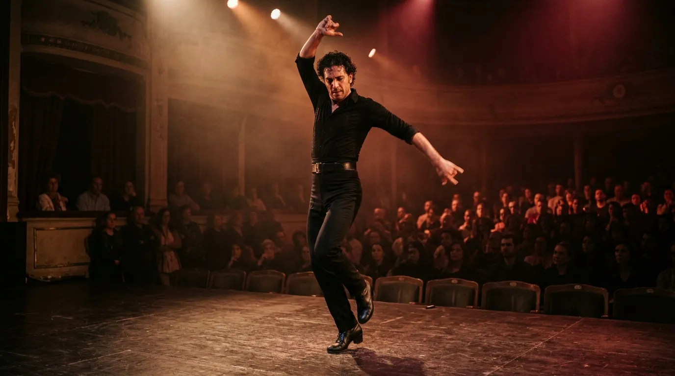 Homme en noir dansant le flamenco devant un public