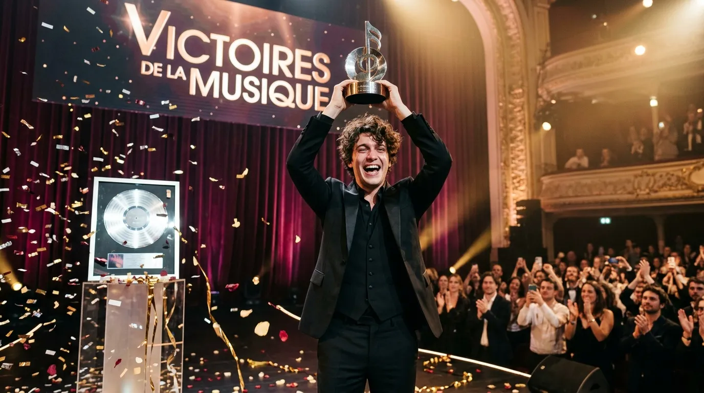 Homme souriant levant un trophée lors de la cérémonie Victoires de la Musique