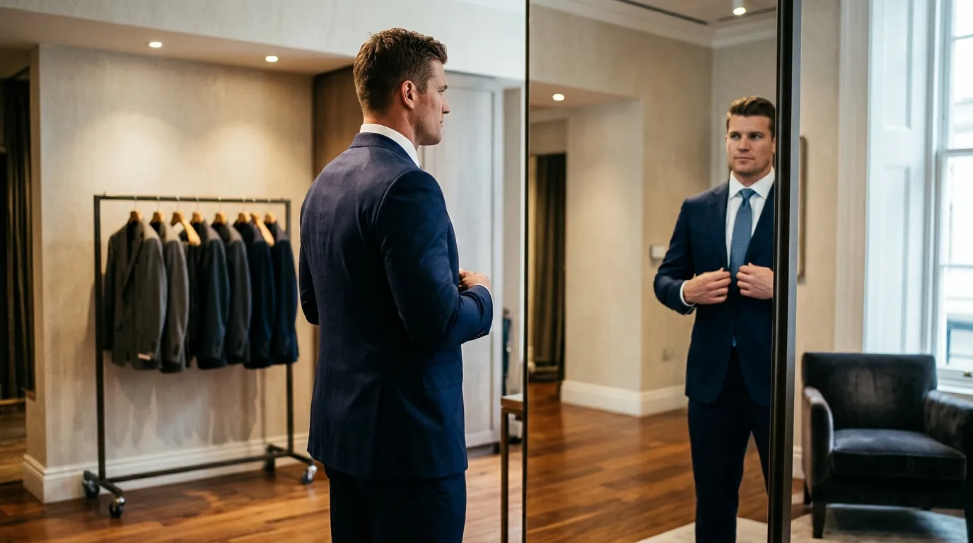 Homme en costume bleu se regardant dans un miroir