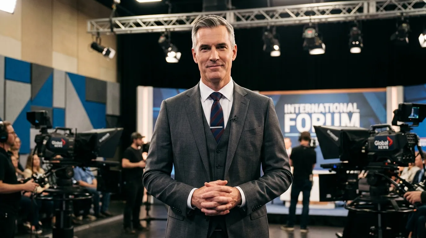 Homme en costume gris dans un studio de télévision international