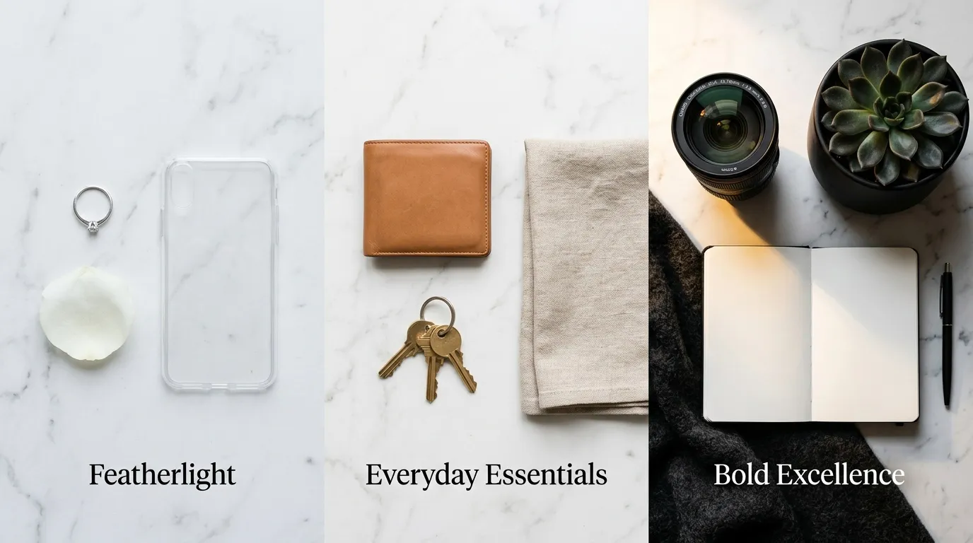 Collections d'objets du quotidien organisées par thème: léger, essentiel, excellence.