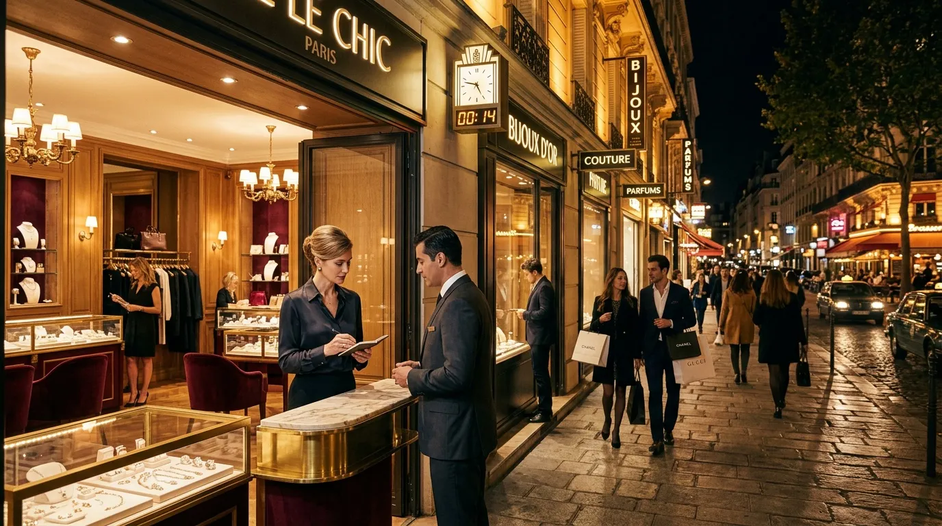 Boutique de luxe parisienne avec clients et vitrine illumin&eacute;e