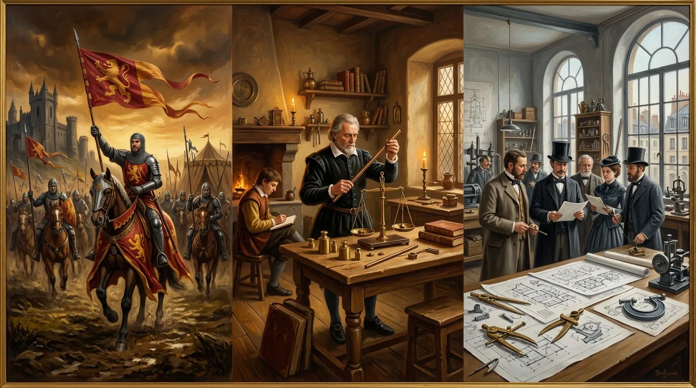Trois sc&egrave;nes historiques: guerre m&eacute;di&eacute;vale, justice, progr&egrave;s scientifique.