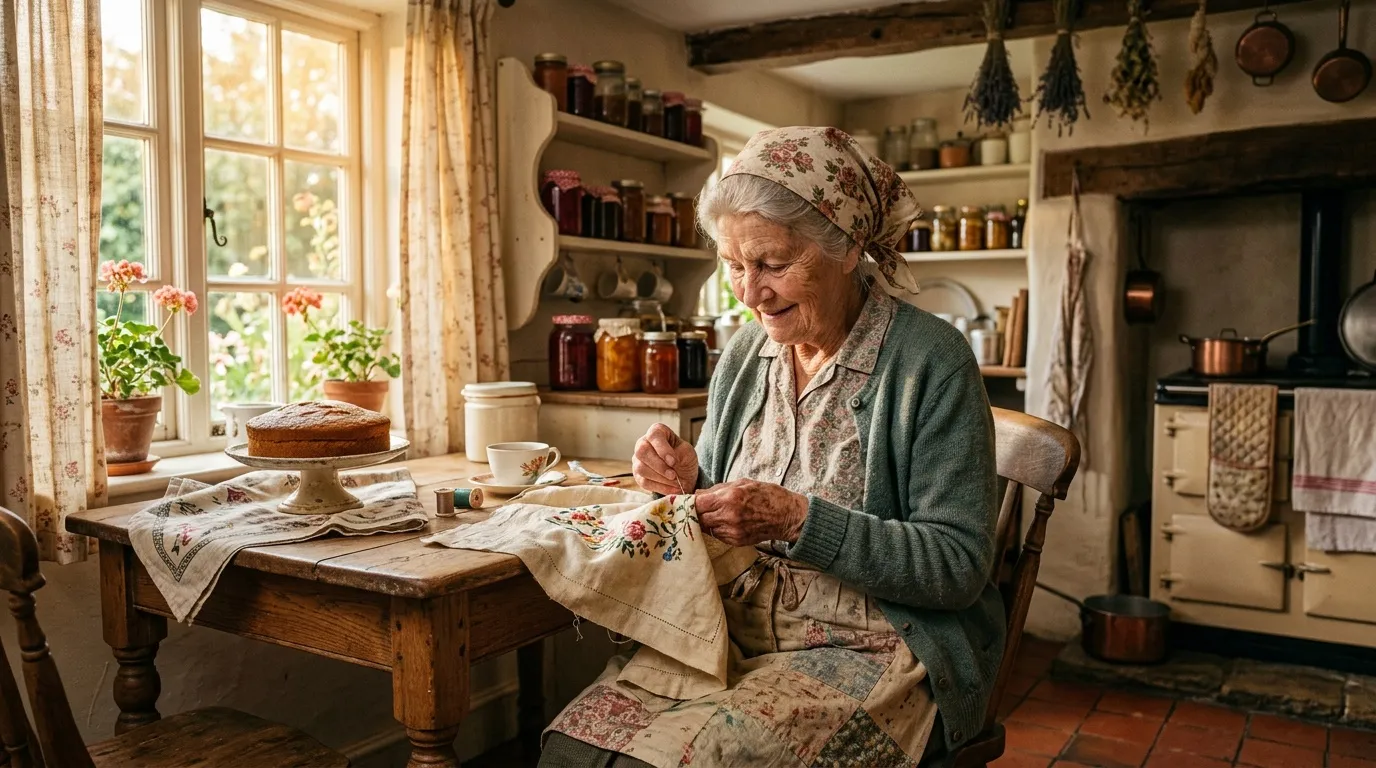 Femme âgée brodant du tissu dans sa cuisine rustique traditionnelle