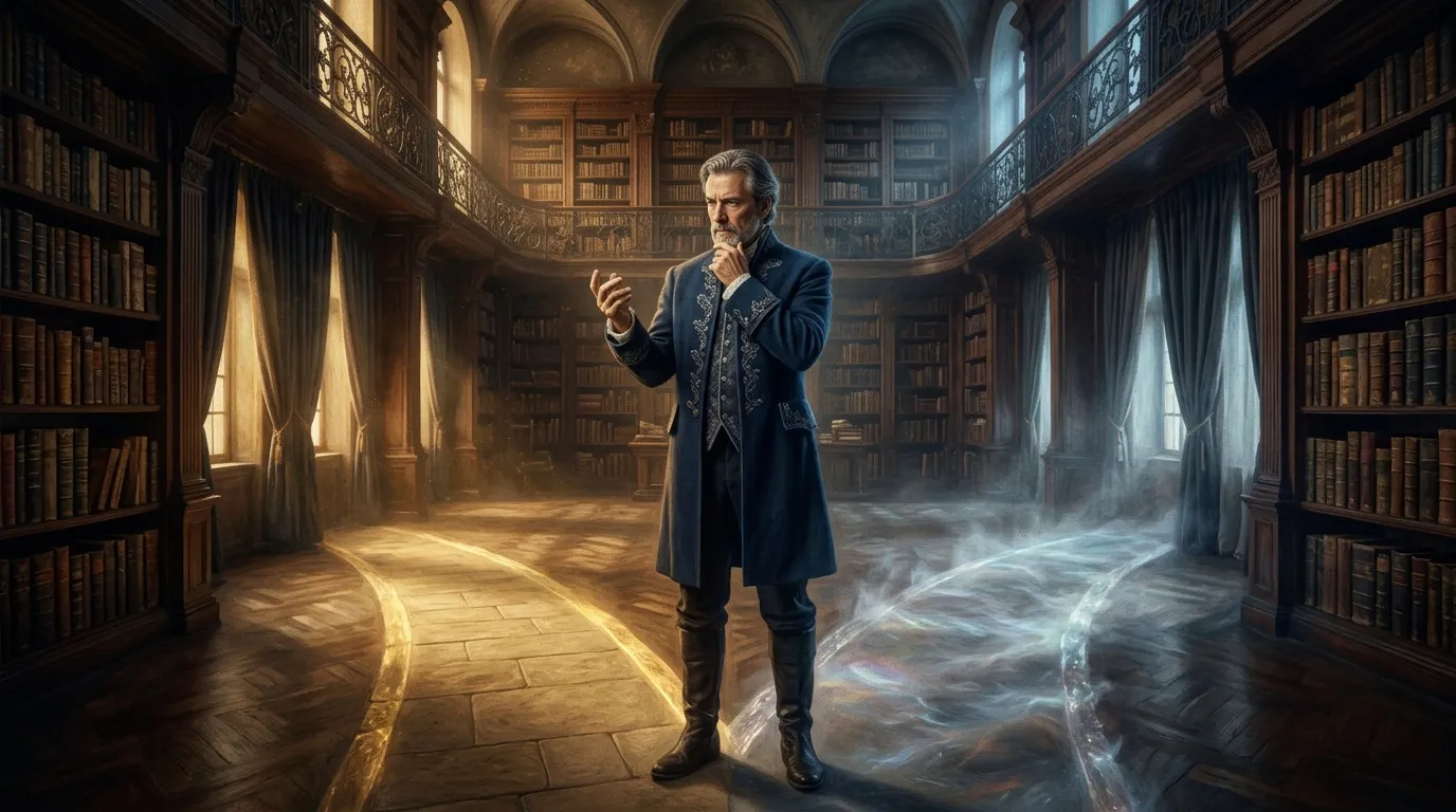 Homme en costume bleu dans une bibliothèque ancienne avec effets magiques