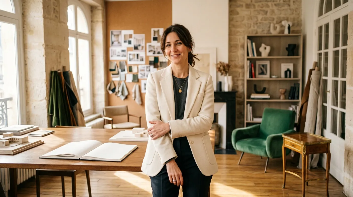 Femme en blazer beige posant dans un bureau de designer moderne