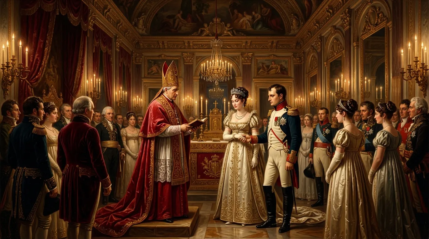 Évêque bénissant un couple noble dans un palais doré.