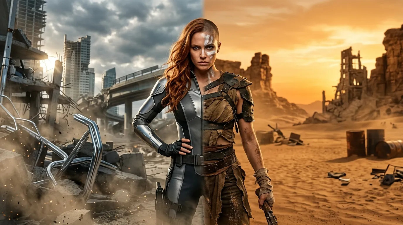 Femme combattante en tenue de survie dans ruines dystopiques