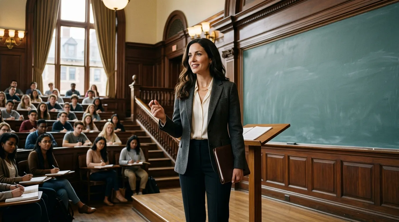 Femme professeure donnant un cours devant des étudiants assis
