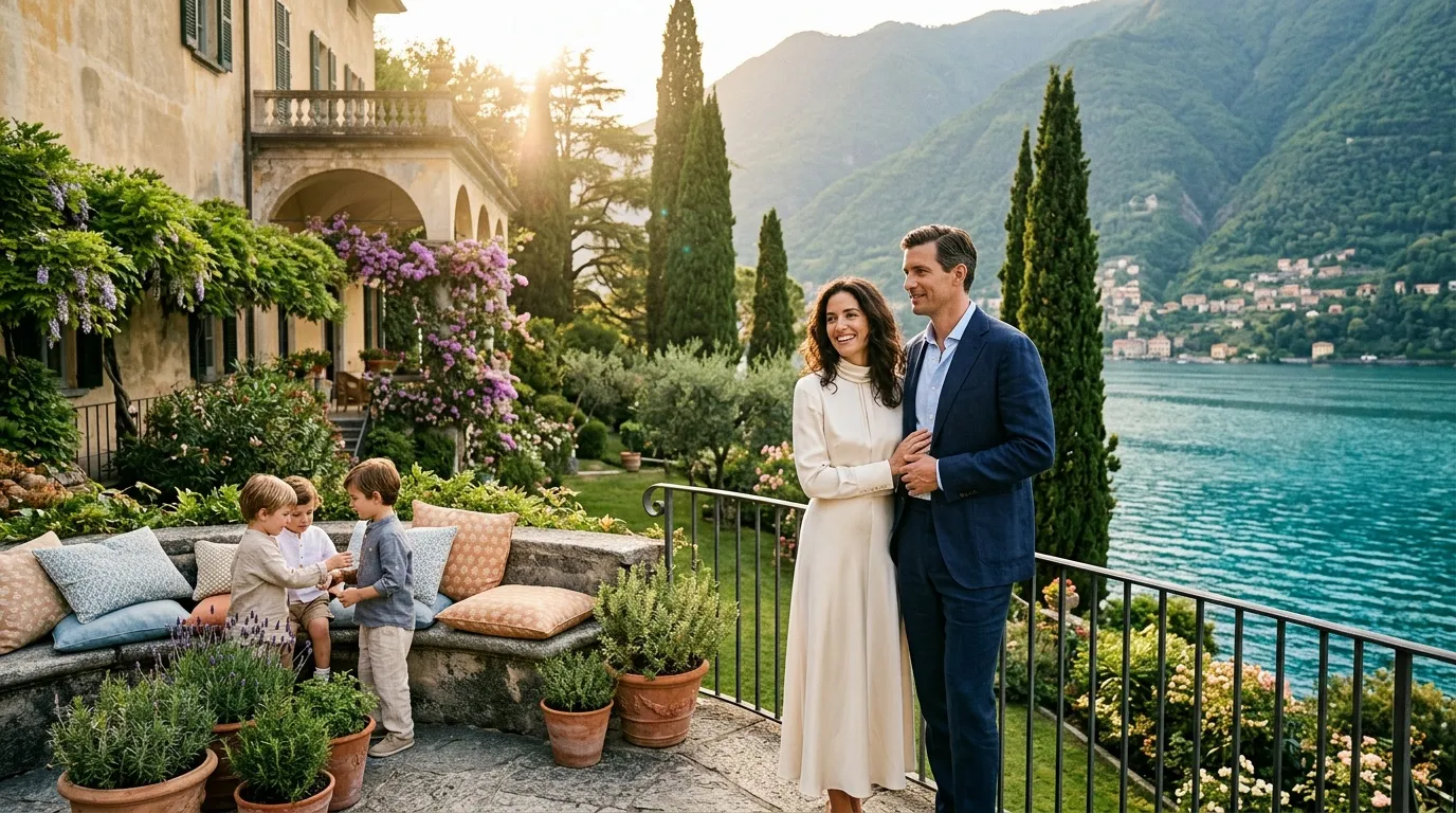 Famille souriante devant villa italienne avec vue sur lac