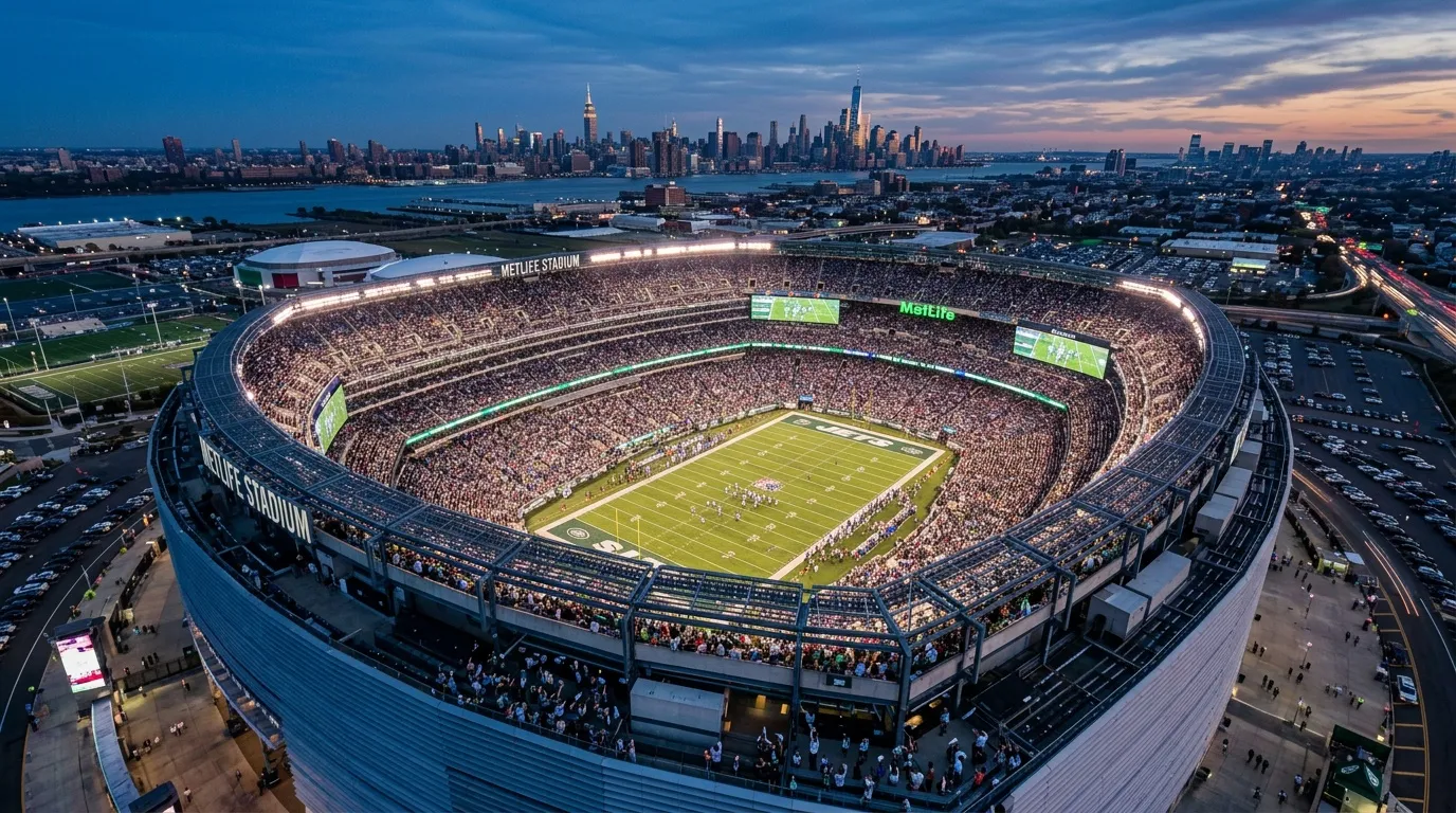 Stade rempli de spectateurs avec Manhattan en arri&egrave;re-plan.