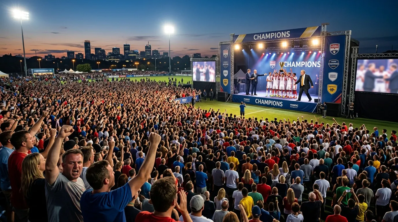 Foule massive c&eacute;l&eacute;brant les champions sur un terrain de sport illumin&eacute;