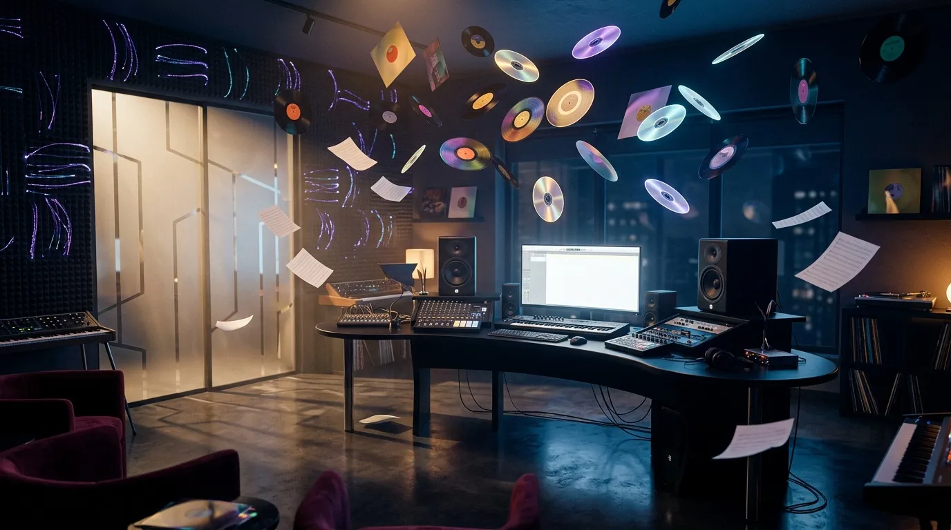 Studio d'enregistrement moderne avec équipements audio et CDs suspendus