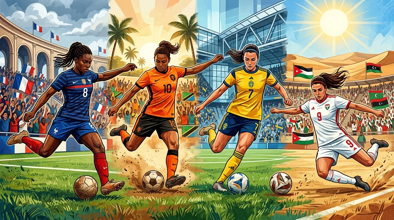 Quatre footballeuses de nations diff&eacute;rentes jouent ensemble sur un terrain.