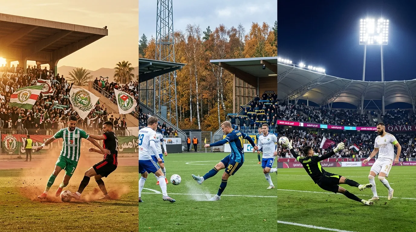 Collage montrant trois matchs de football &agrave; diff&eacute;rents niveaux