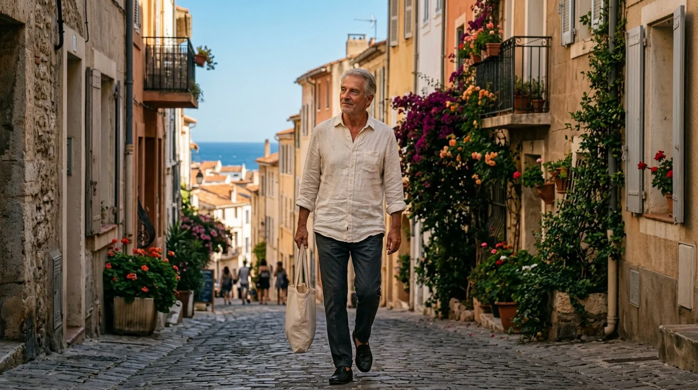 Homme marchant dans ruelle m&eacute;diterran&eacute;enne fleurie vers la mer