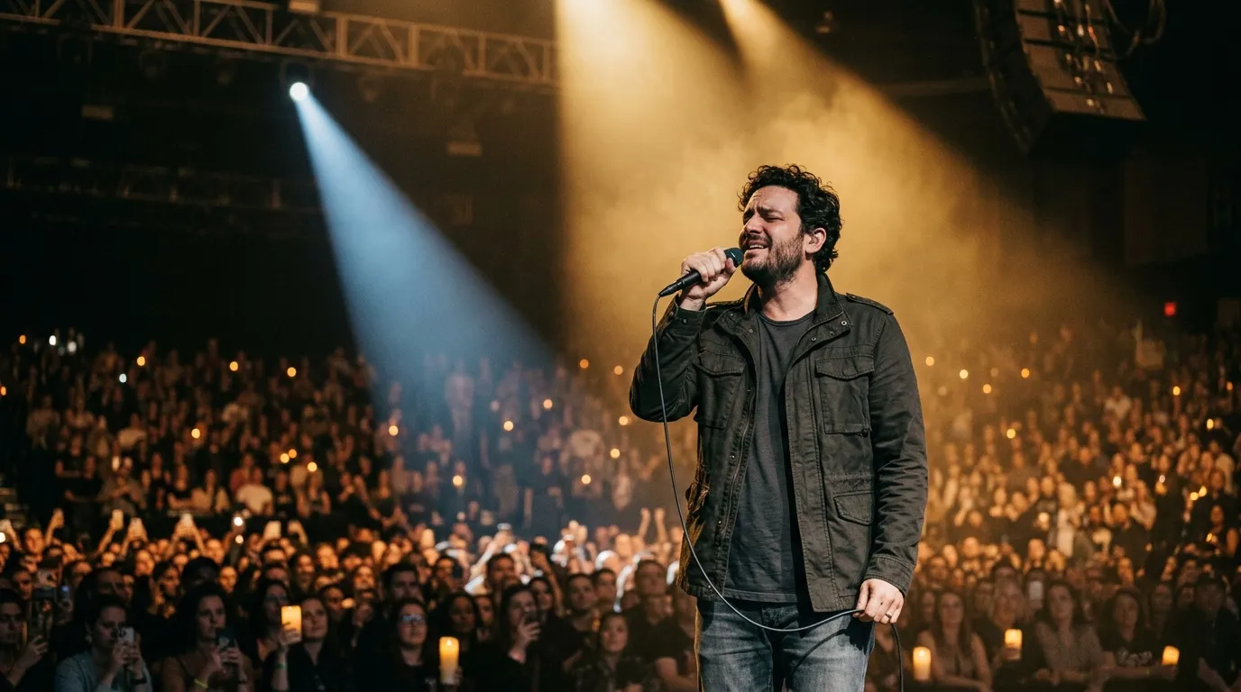 Chanteur au micro sur sc&egrave;ne illumin&eacute;e devant public
