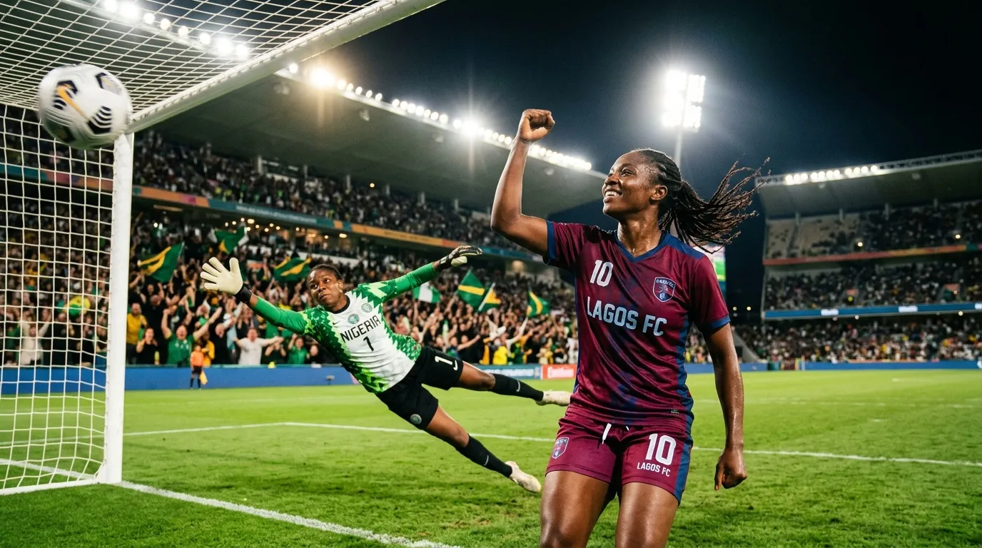 Joueuse de Lagos FC c&eacute;l&egrave;bre un but marqu&eacute; en match de football
