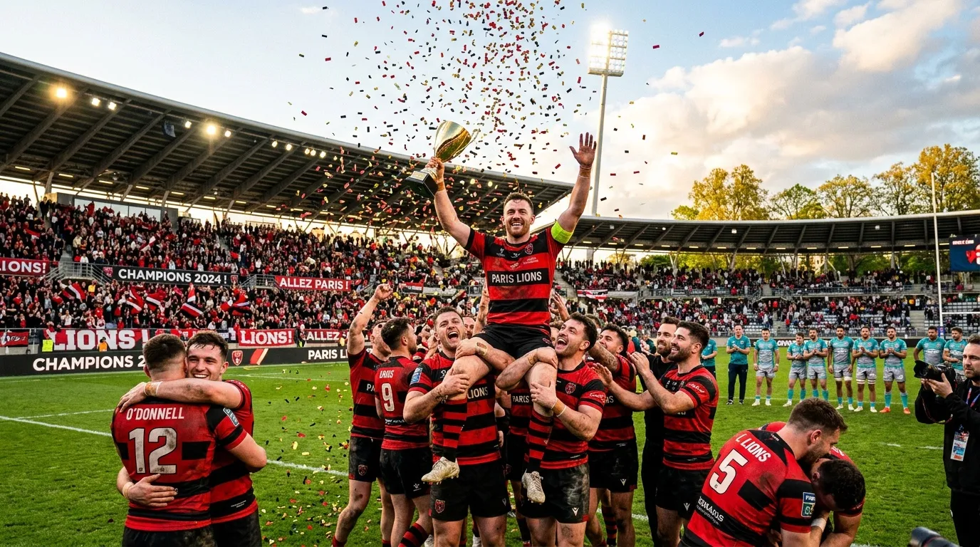&Eacute;quipe Paris Lions c&eacute;l&egrave;bre victoire championnat rugby confettis
