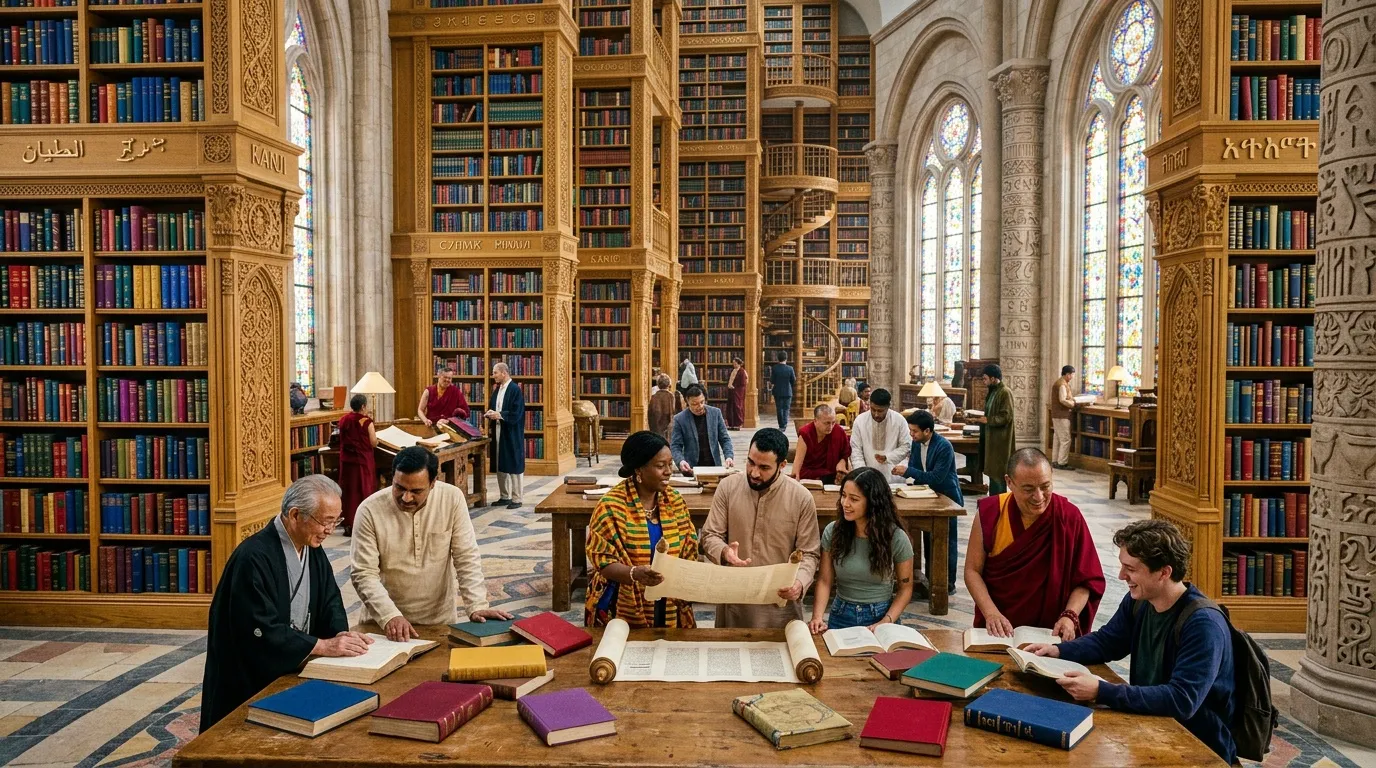 Diverse scholars examining manuscripts in grand ornate library.