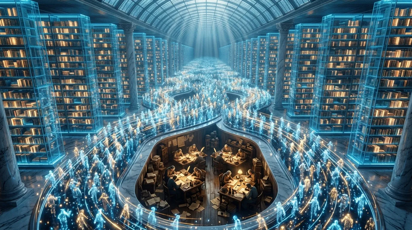 Salle de réunion futuriste entourée de hologrammes de bibliothèques