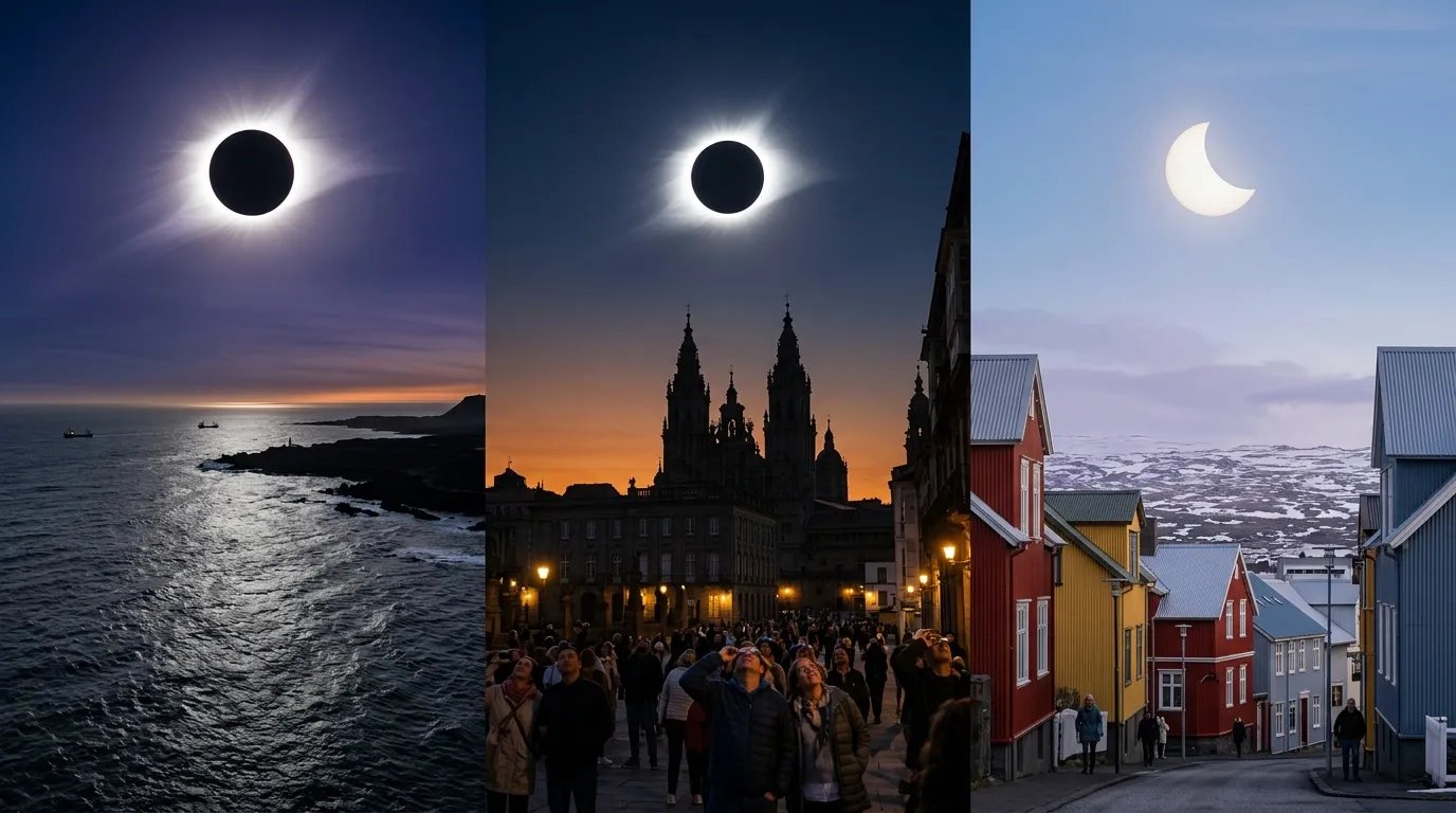 Trois images montrant une &eacute;clipse solaire en diff&eacute;rents lieux