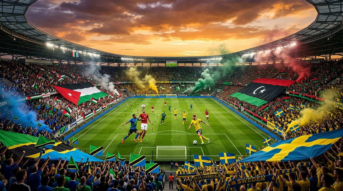 Stade plein avec drapeaux, fumigènes colorés, match de foot