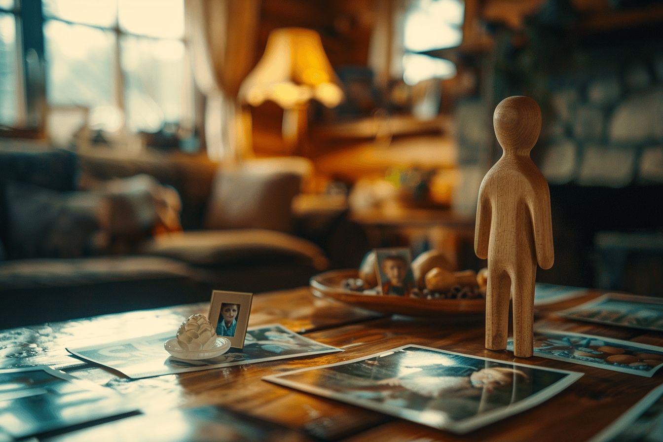 Figurine en bois près de photos et objets personnels sur table