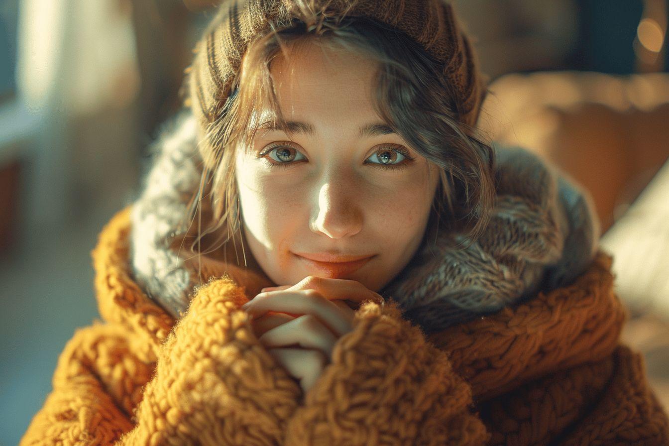 Jeune femme en pull jaune, regard doux et lumineux