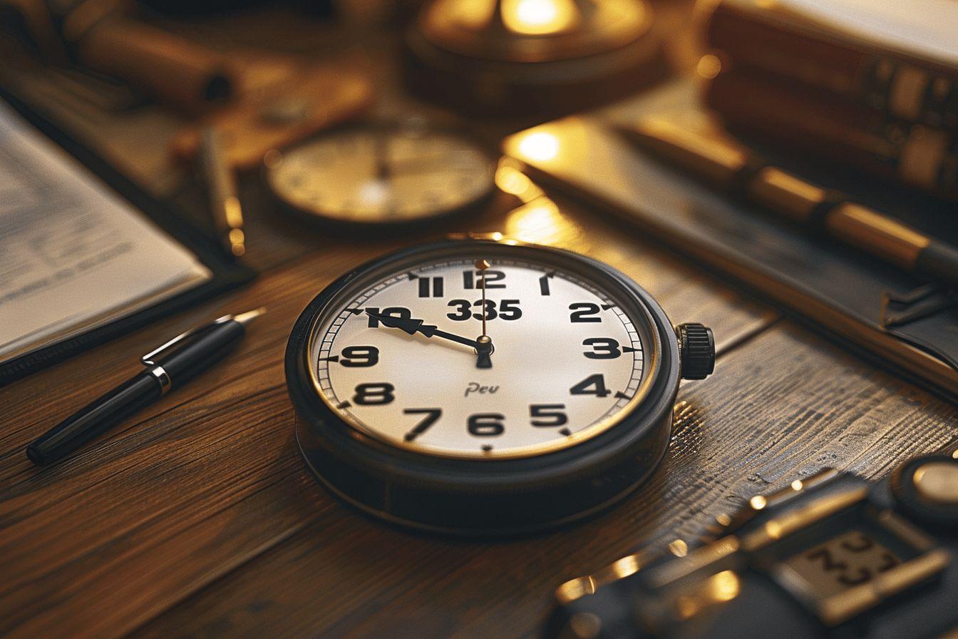 Horloge vintage, stylo et objets de bureau sur bois