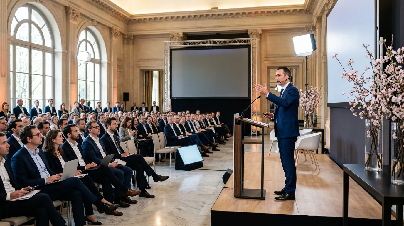 Orateur en costume devant audience professionnelle dans hall luxueux