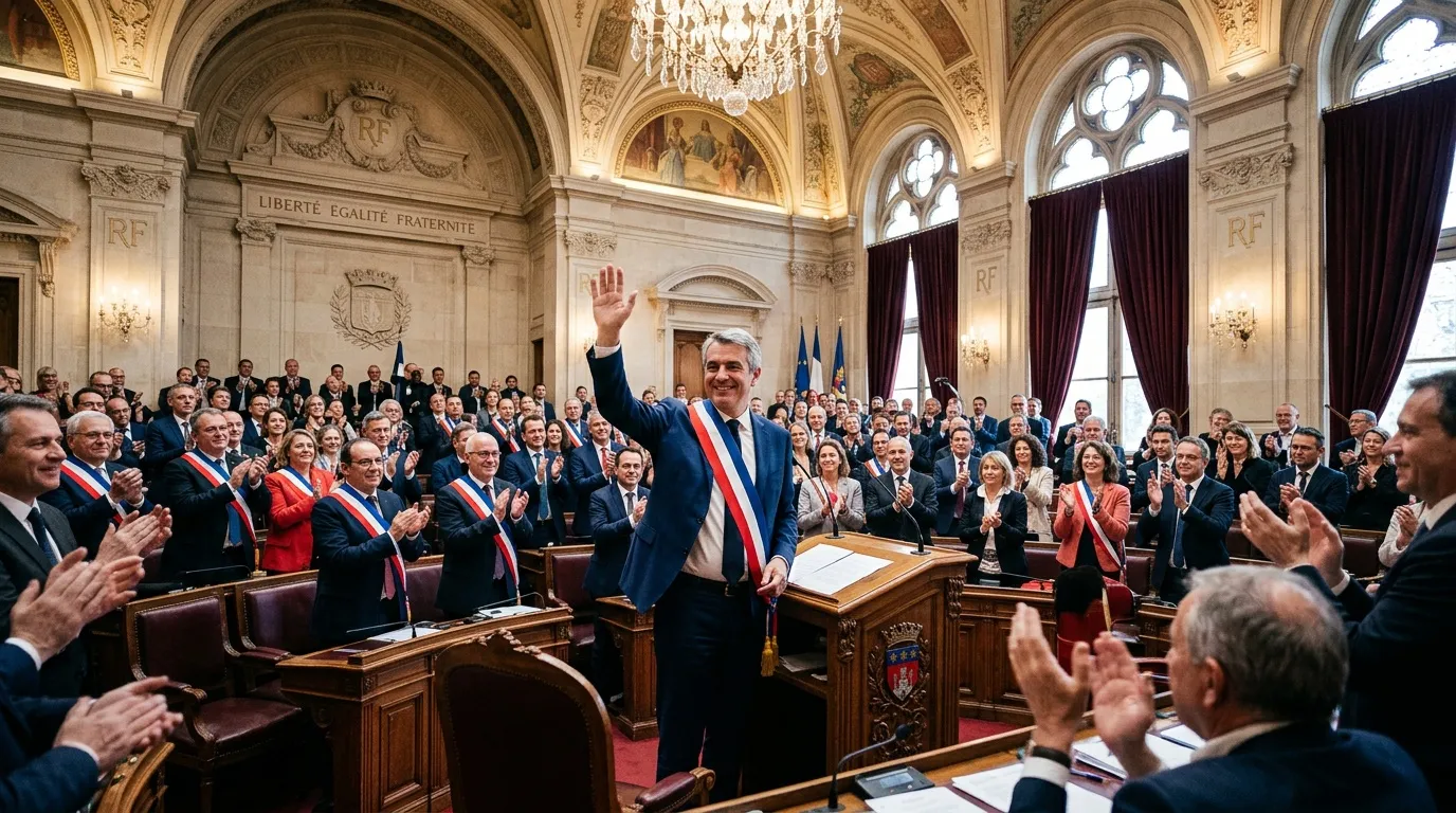 Officiels en costume applaudissent un homme saluant solennellement