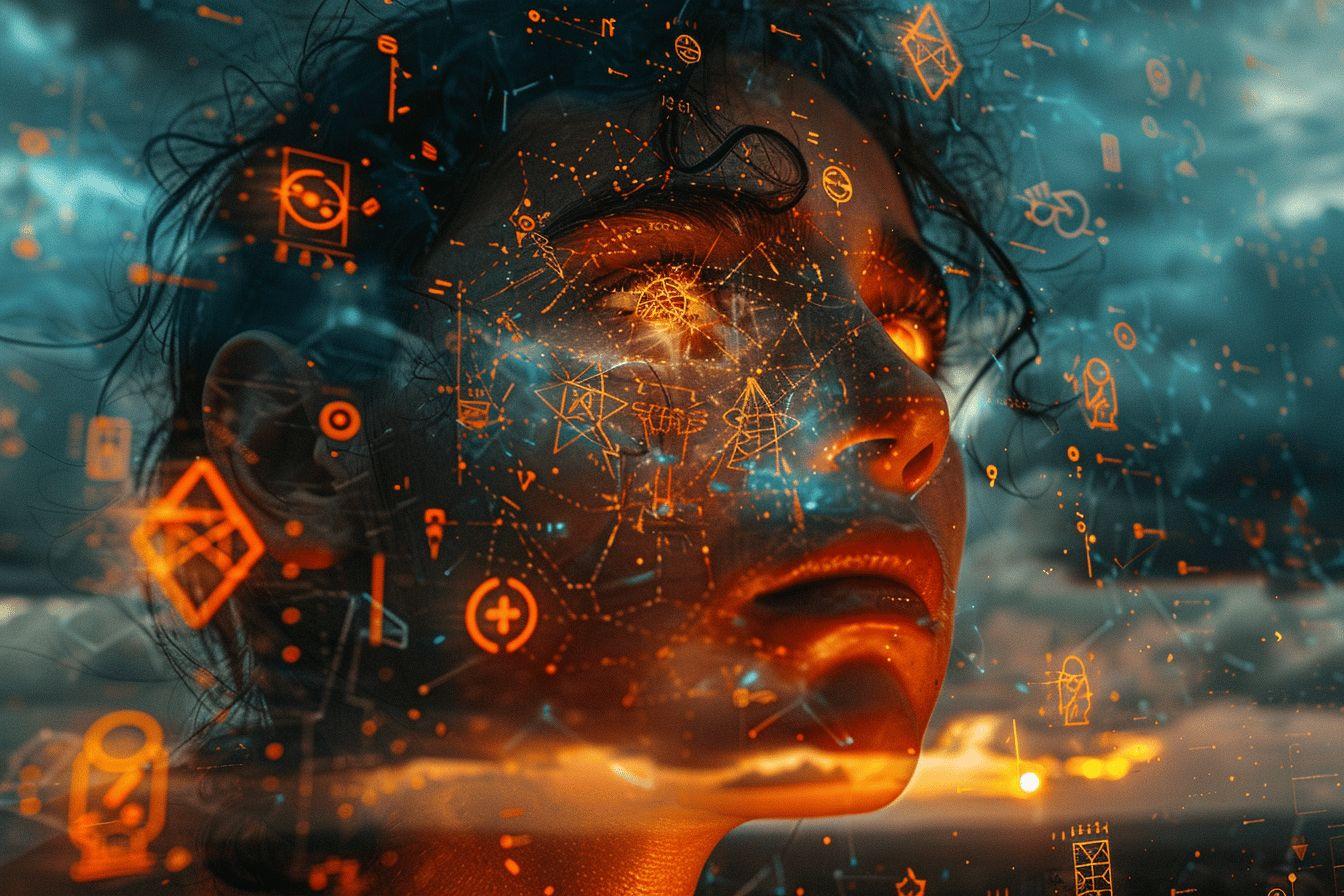 Profil humain avec symboles technologiques et constellations num&eacute;riques