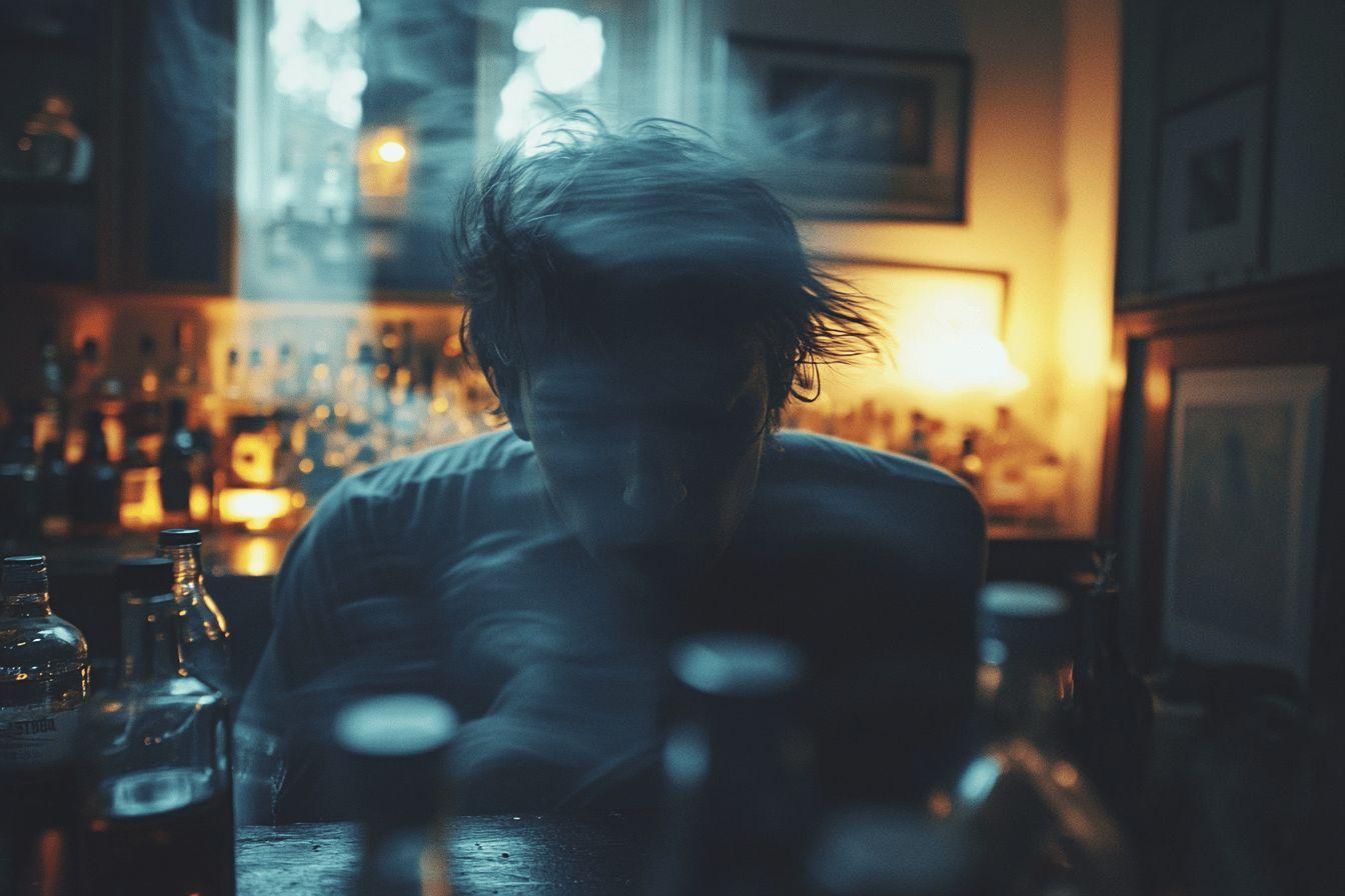 Silhouette de dos, ambiance sombre avec bouteilles et lumières tamisées