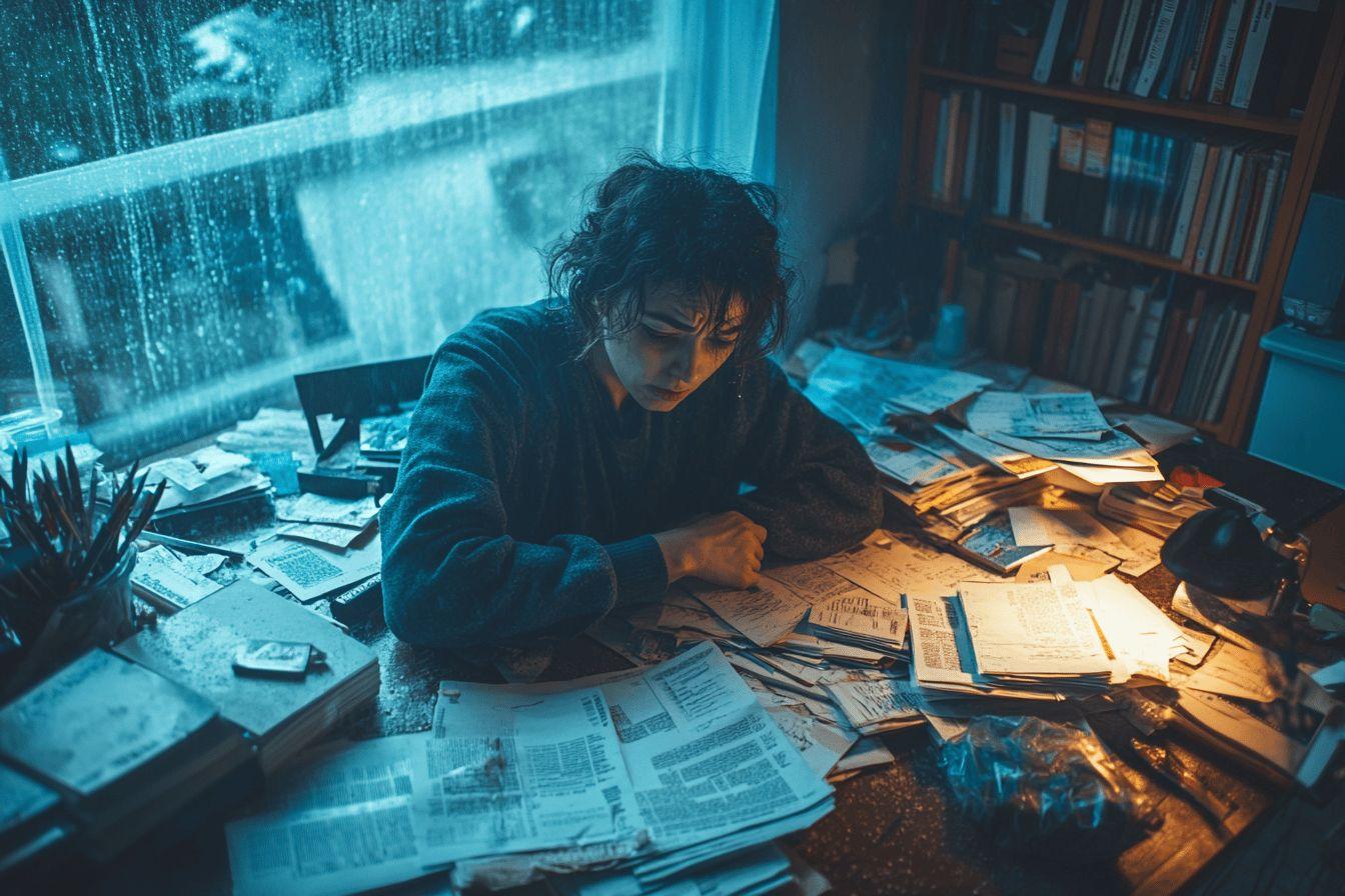 Personne concentrée entourée de documents dans une ambiance bleue