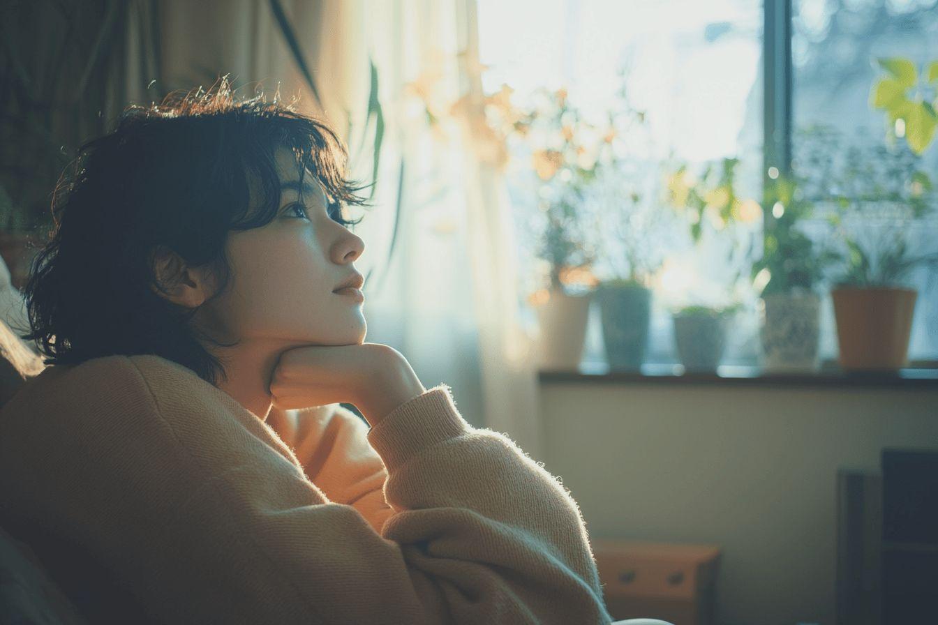 Jeune personne pensive, pull beige, lumi&egrave;re douce, plantes en arri&egrave;re-plan