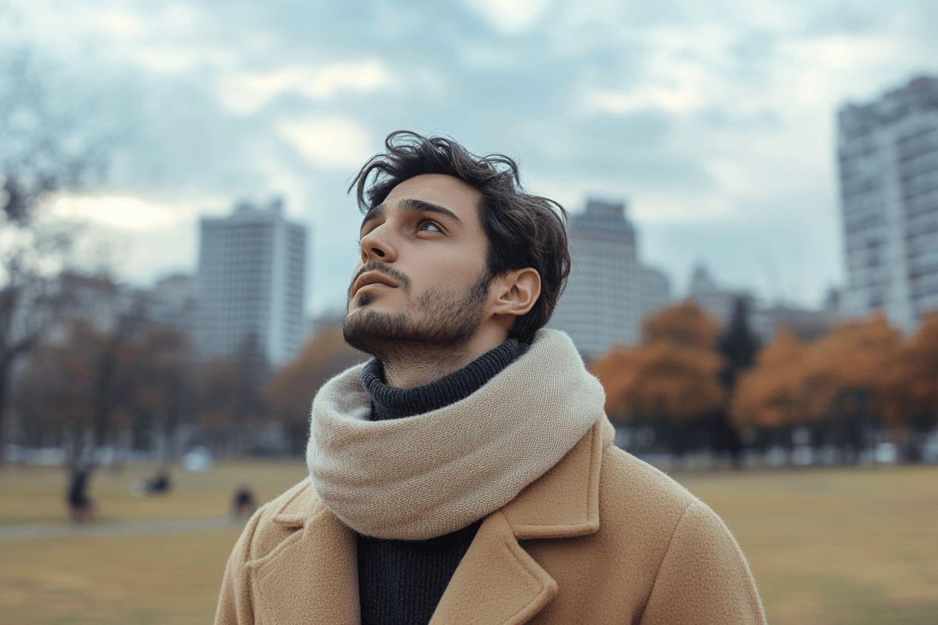Homme dans un manteau beige regardant au loin dans un parc